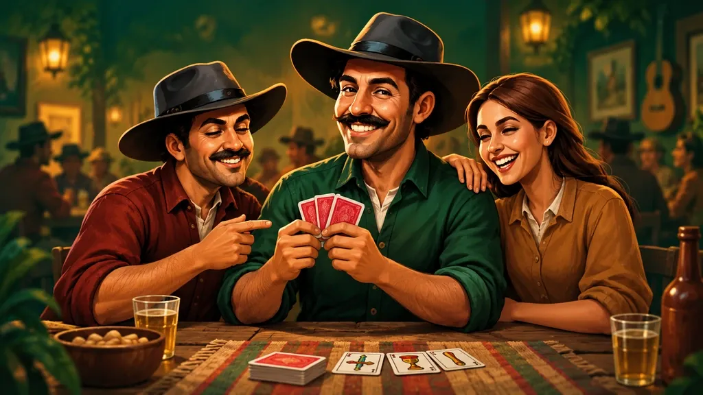 Ilustração de amigos jogando truco em uma mesa de bar.