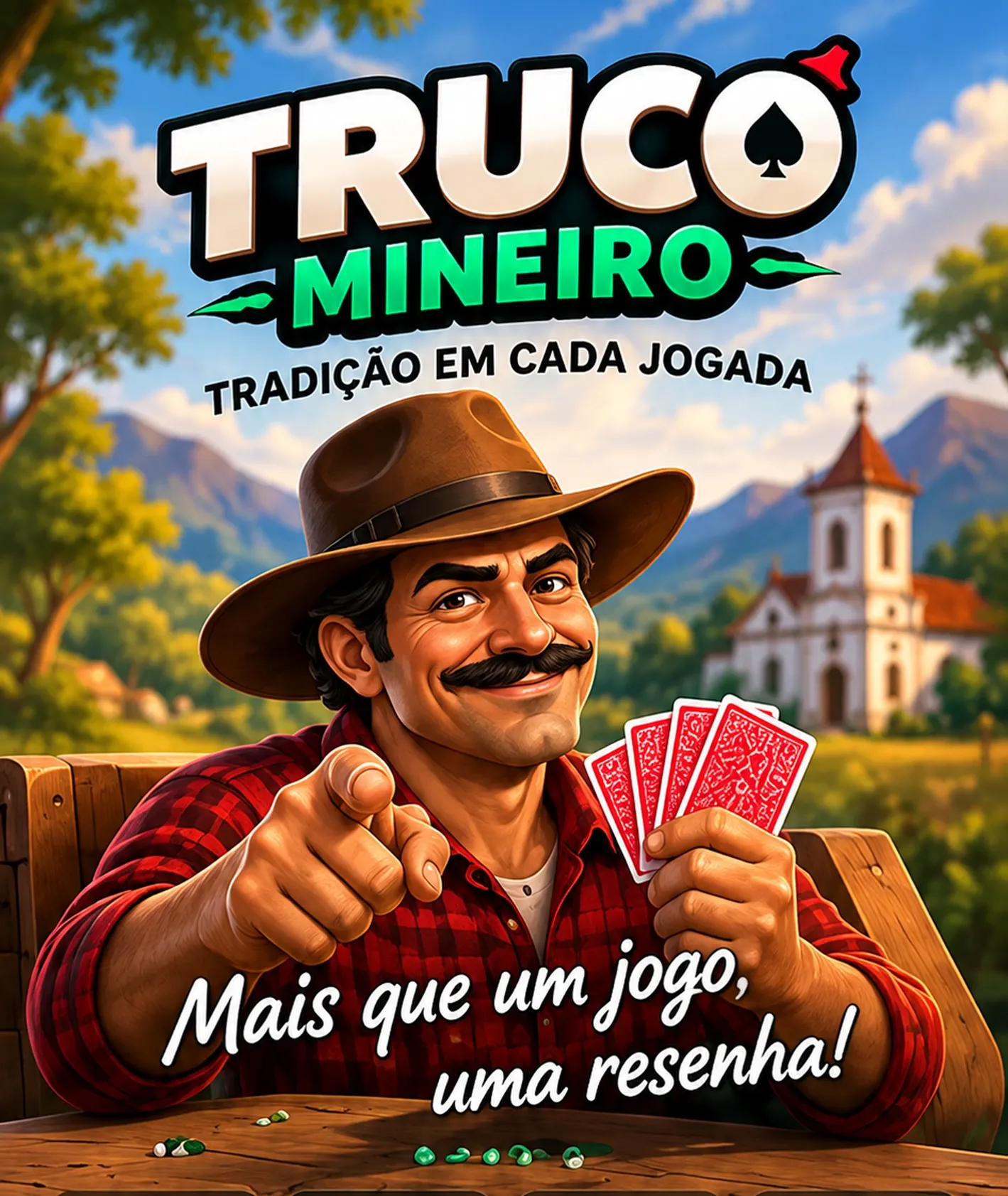 Arte do TrucoMineiro: um jogador de chapéu com cartas na mão, igreja mineira ao fundo e o lema Mais que um jogo, uma resenha.